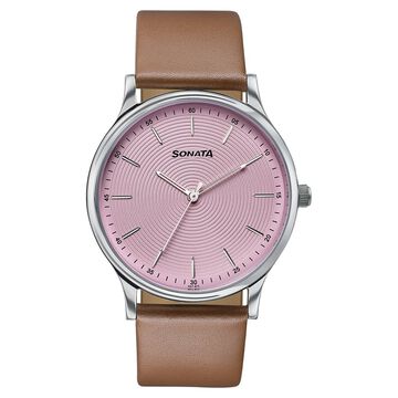 Sonata Aspire Quartz Analog Pink Dial Brown Leather Strap Watch For Men