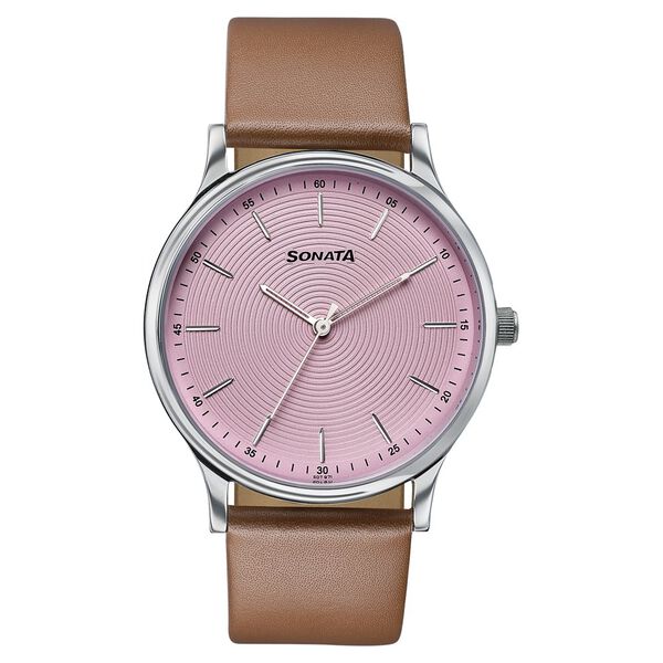 Sonata Aspire Quartz Analog Pink Dial Brown Leather Strap Watch For Men - image number 0