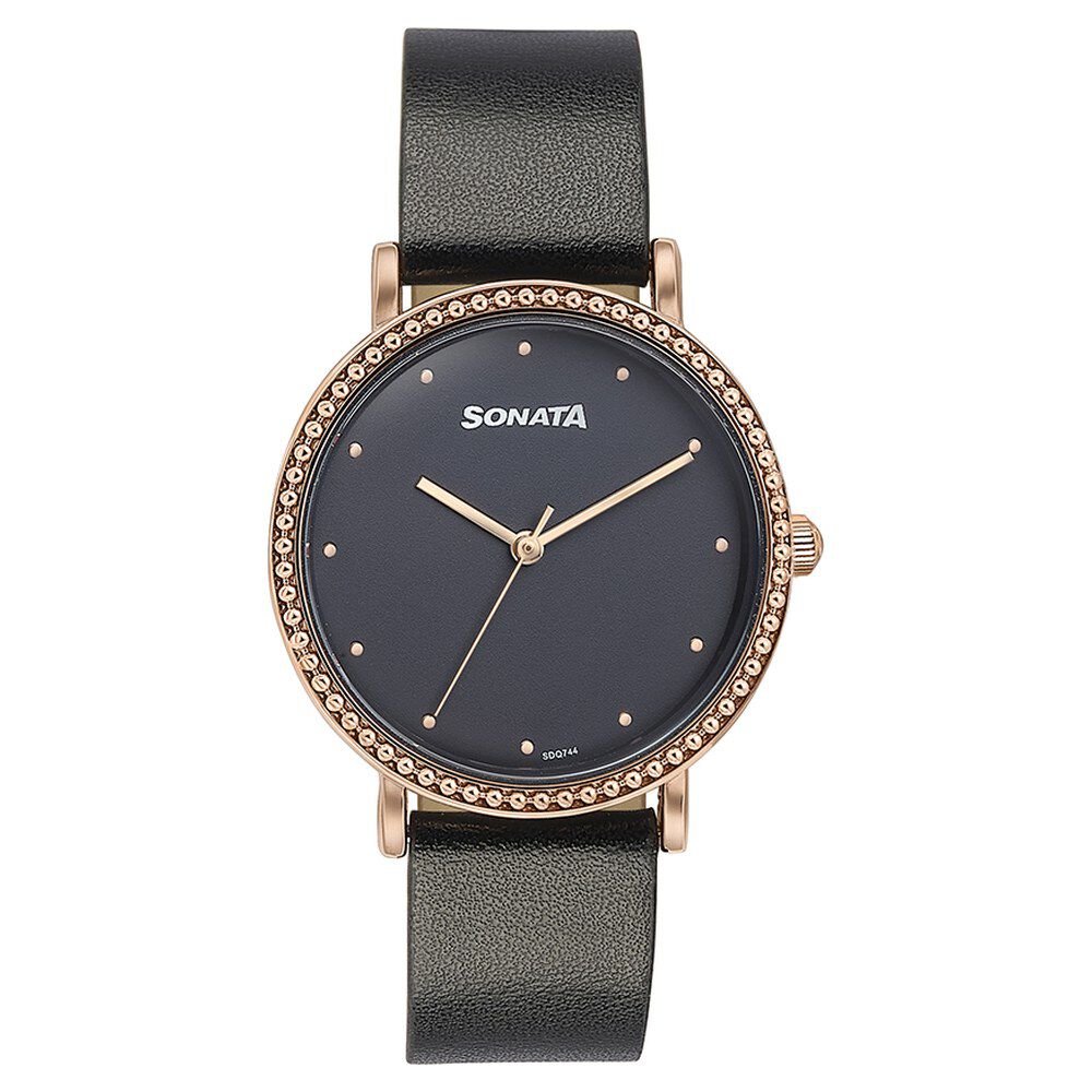 Buy Online Sonata Quartz Analog Black Dial Black Leather Strap Watch For Women 87066wl01 Sonata
