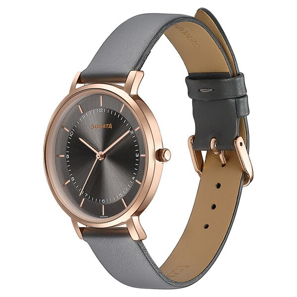 Sonata Modern Edit Quartz Analog Grey Dial Leather Strap Watch For Women - image number 2