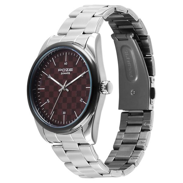 Poze By Sonata Quartz Analog Burgundy Dial Silver Stainless Steel Strap Watch For Men - image number 2
