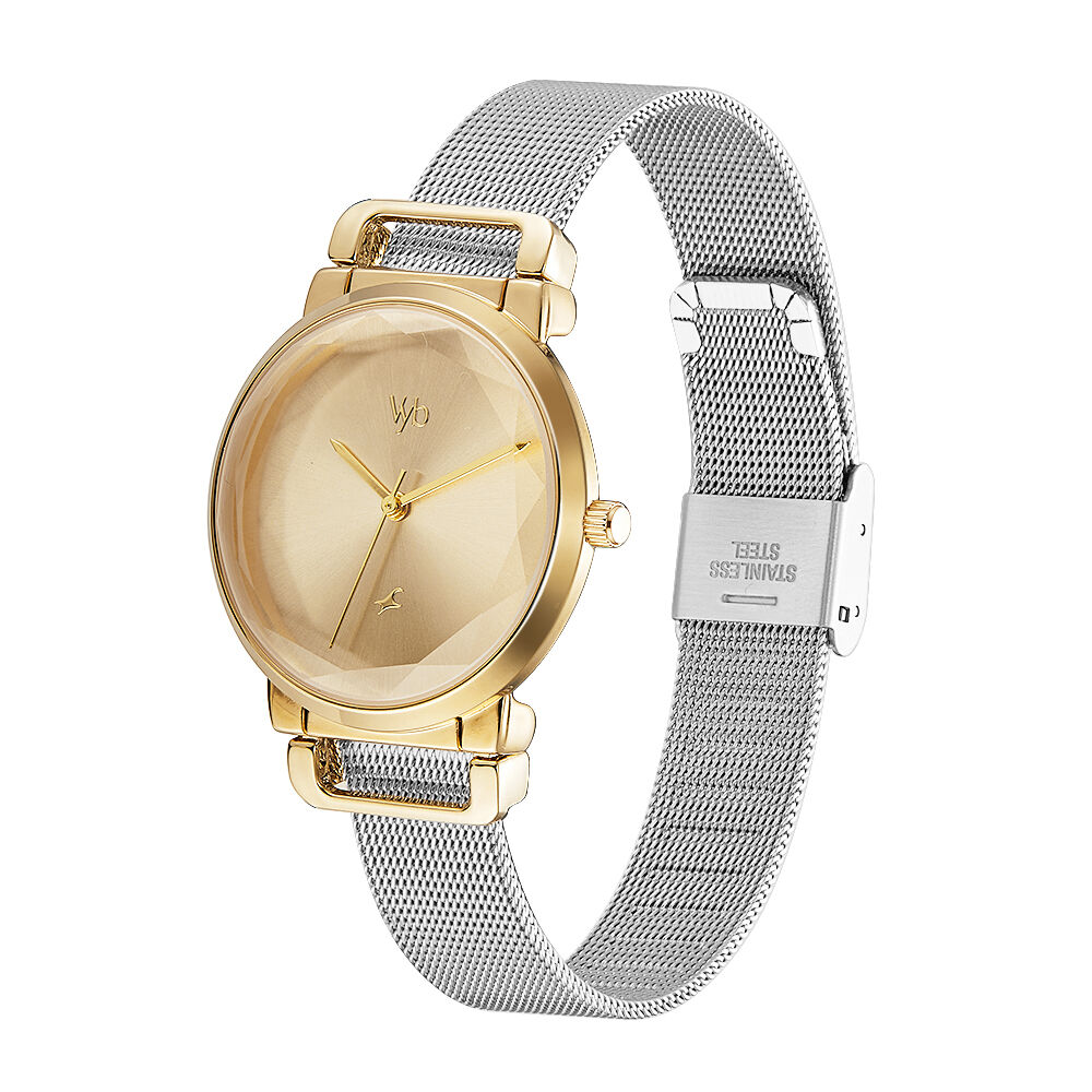 Fastrack Vyb Classique Quartz Analog Golden Dial Stainless Steel Strap Watch for Girls