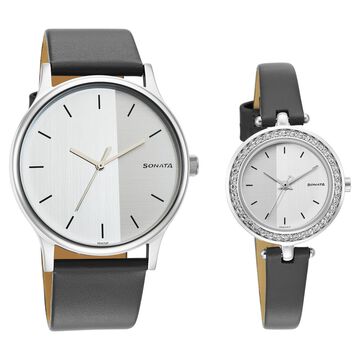 Sonata Quartz Analog Silver Dial Leather Strap Watch for Couple