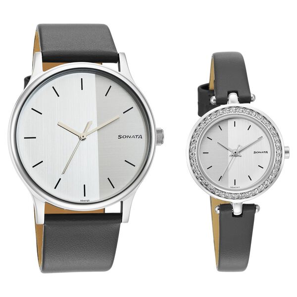Sonata Quartz Analog Silver Dial Leather Strap Watch for Couple - image number 0