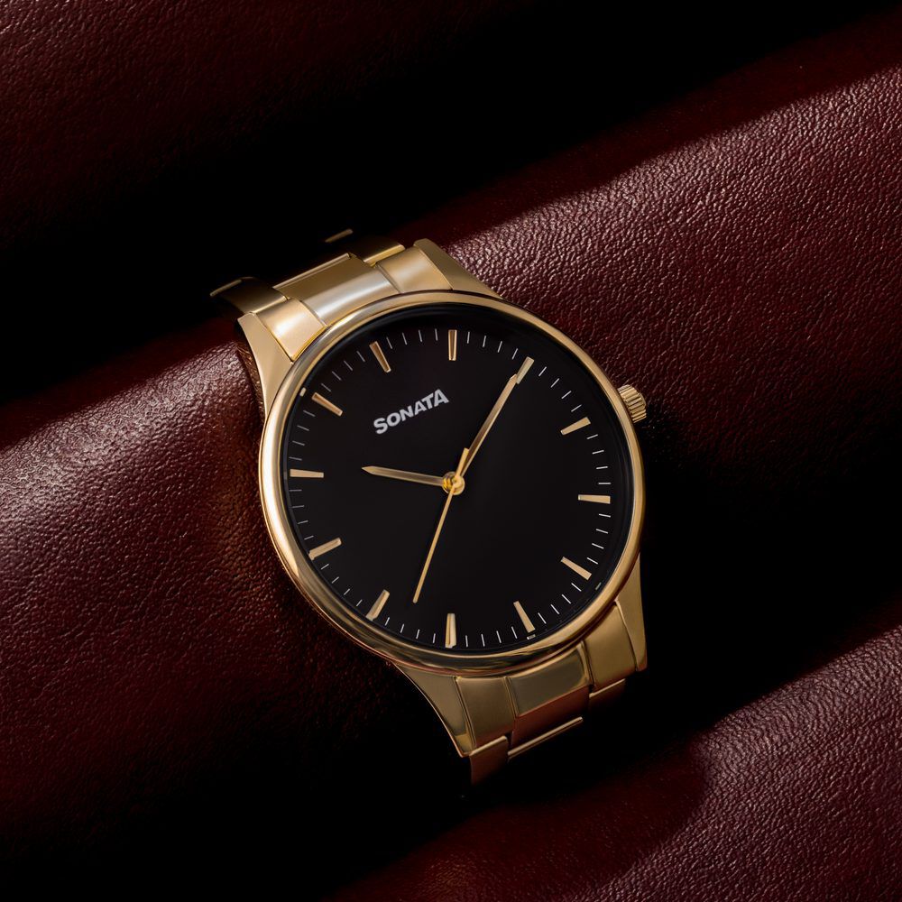 Buy Online Sonata Quartz Analog Black Dial Golden Stainless Steel Strap Watch For Men 77144ym03 p Sonata