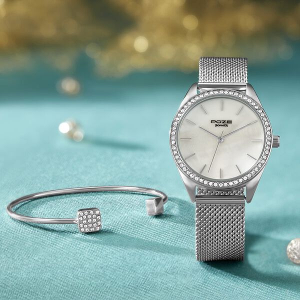 Sonata Poze Quartz Analog Mother of Pearl Dial Silver Color Stainless Steel Strap Watch For Women - image number 0