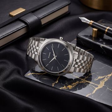Sonata Vector Black Textured Dial Silver-Tone Bracelet Watch for Men