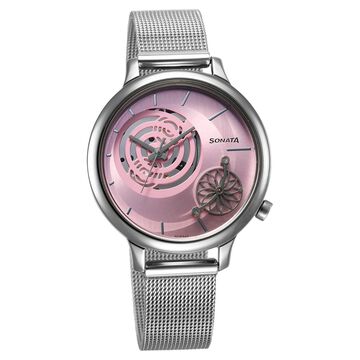 Sonata Unveil Quartz Analog Pink Dial Stainless Steel Strap Watch for Women