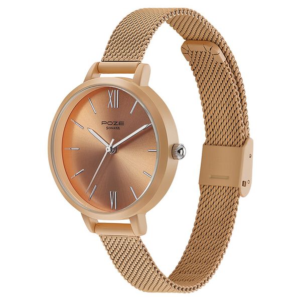 Sonata Poze Quartz Analog Beige Dial Mesh Strap Watch for Women - image number 3