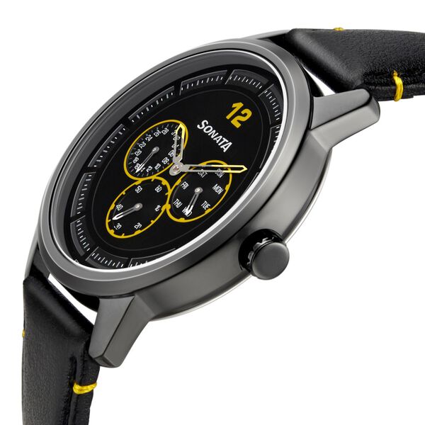 Sonata Quartz Analog Black Dial Leather Strap Watch for Men - image number 2