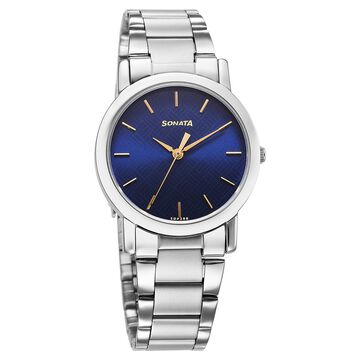 Sonata Classic Quartz Analog Blue Dial Silver Stainless Steel Strap Watch for Men