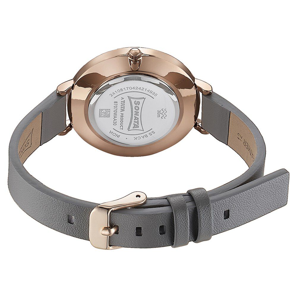 Buy Online Sonata Quartz Analog Grey Dial Grey Leather Strap Watch
