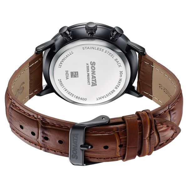 Sonata Festive Quartz Multifunction Black Dial Brown Leather Strap Watch For Men - image number 5
