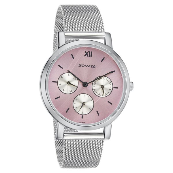 Sonata Multifunctions Pink Dial Women Watch With Metal Strap - image number 1