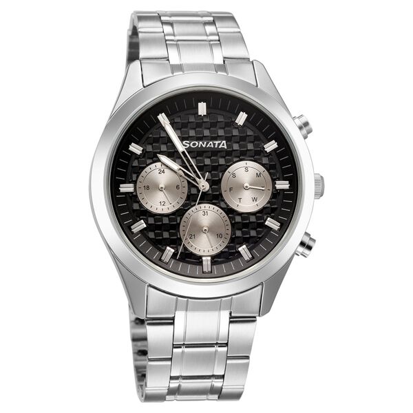 Sonata Summit Quartz Multifunction Black Dial Silver Metal Strap Watch For Men - image number 1