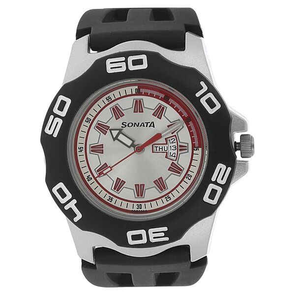 SF Quartz Analog with Day and Date Silver Dial Plastic Strap Watch for Men - image number 0