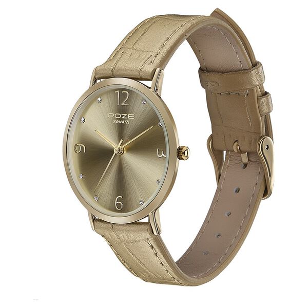 Sonata Poze Quartz Analog Golden Dial Leather Strap Watch for Women - image number 3