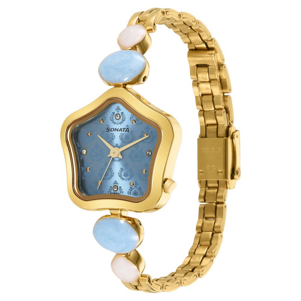 Sonata Utsav Blue Dial Yellow Bi Metal Strap Watch for Women