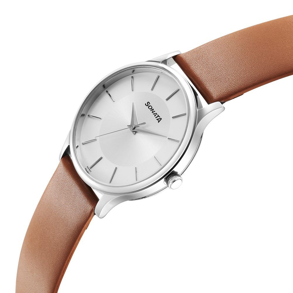 Sonata Aspire Quartz Analog Silver Dial Leather Strap Watch for Men