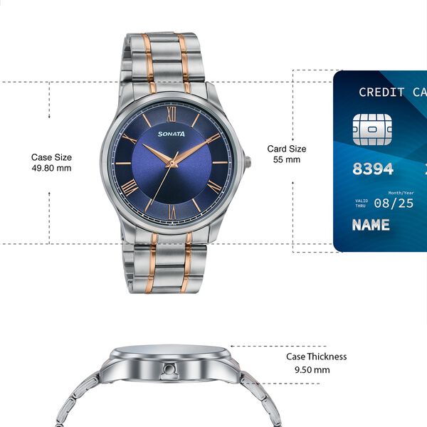 Sonata Traditional Essentials Blue Dial Silver & Rose Gold-Tone Stainless Steel Strap Watch - image number 3