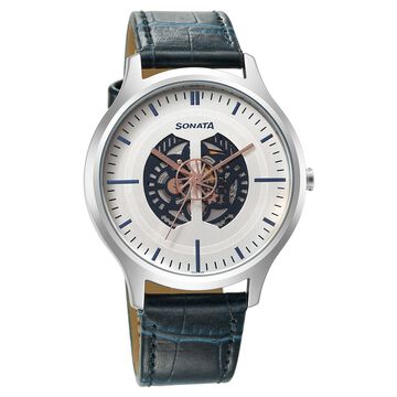 Sonata Unveil Quartz Multifunction Silver Dial Leather Strap Watch for Men