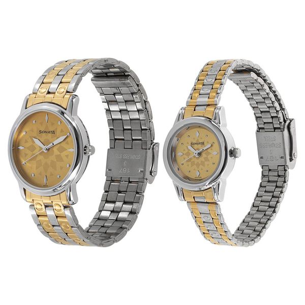 Sonata Quartz Analog Champagne Dial Metal Strap Watch for Couple - image number 1