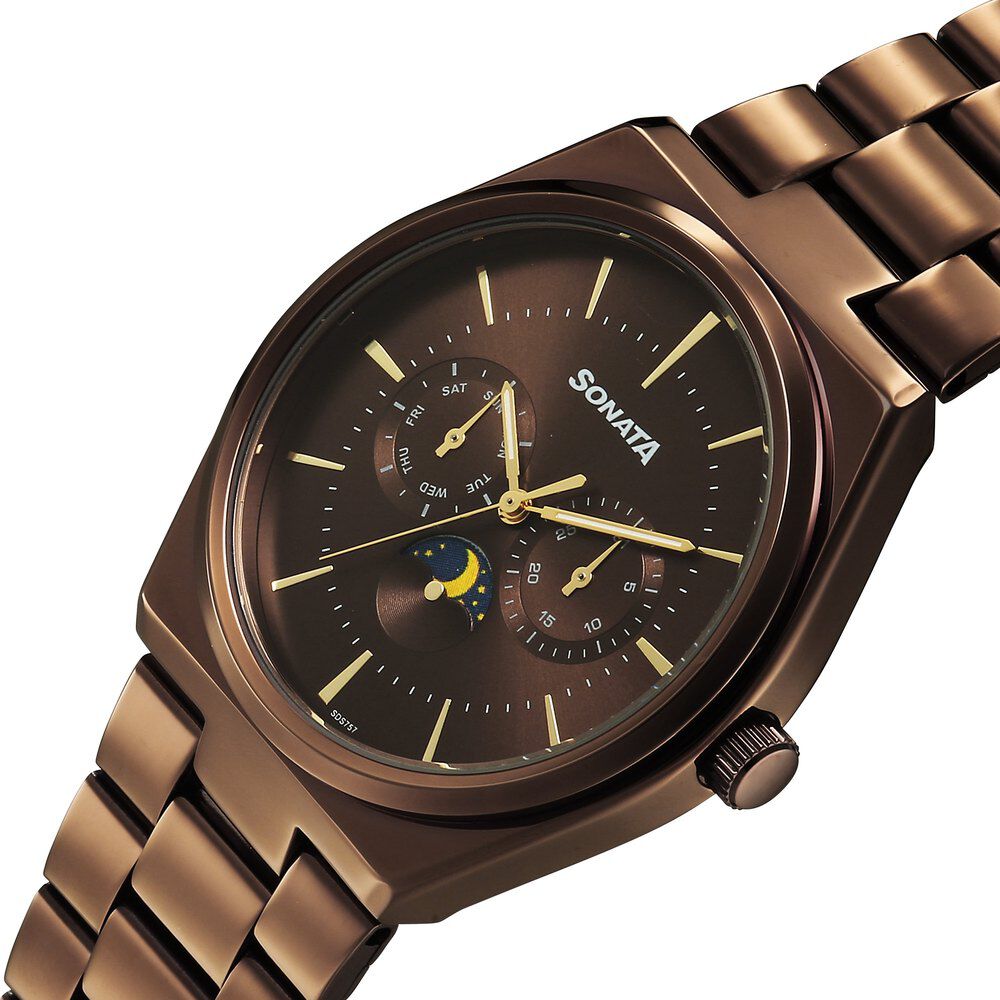 Buy Online Sonata Festive Quartz Analog Brown Dial Metal Strap