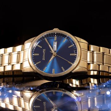 Sonata Quartz Analog with Day and Date Blue Dial Golden Stainless Steel Strap Watch For Men