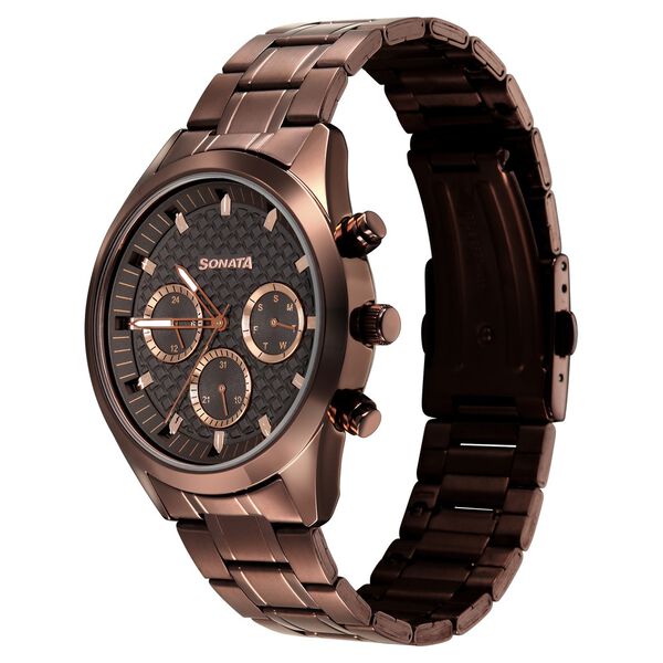 Sonata Summit Quartz Multifunction Brown Dial Brown Metal Strap Watch For Men - image number 2