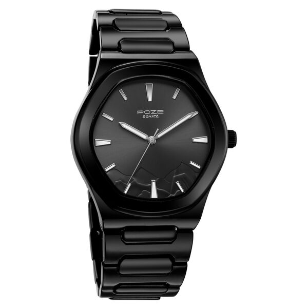 Poze By Sonata Quartz Analog Black Dial Black Metal Strap Watch For Men - image number 1
