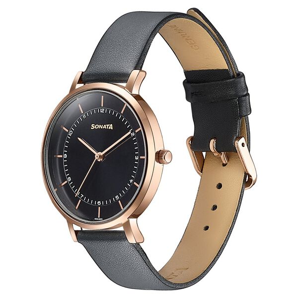 Sonata Modern Edit Quartz Analog Black Dial Leather Strap Watch For Women - image number 3