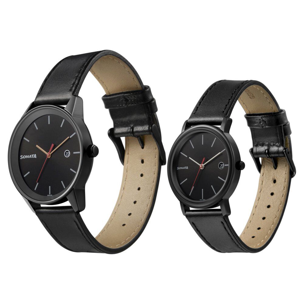 Sonata Quartz Analog with Date Black Dial Leather Strap Watch for