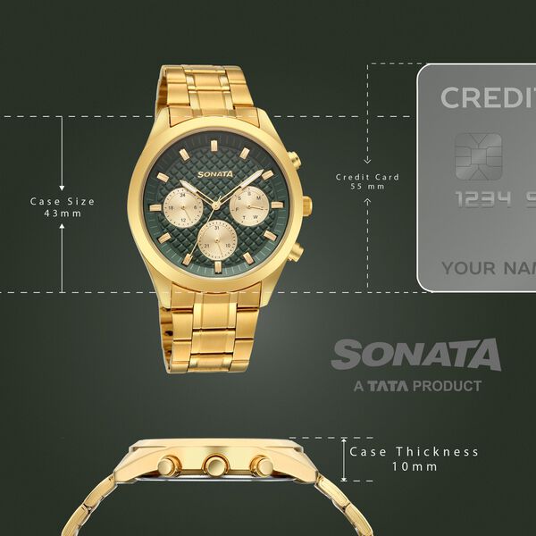 Sonata Summit Quartz Multifunction Green Dial Golden Metal Strap Watch For Men - image number 3