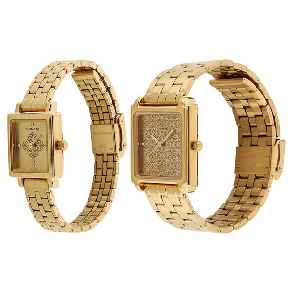 Sonata Quartz Analog Champagne Dial Stainless Steel Strap Watch for Couple - image number 1