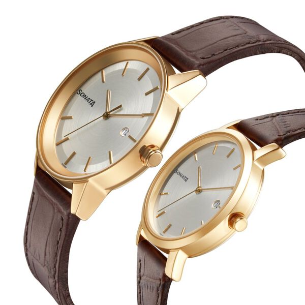 Sonata Quartz Analog with Date White Dial Leather Strap Watch for Couple - image number 2