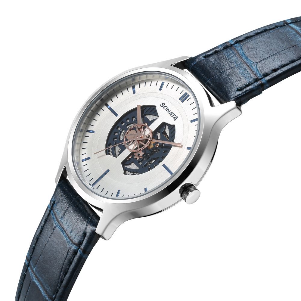 Sonata Unveil Quartz Multifunction Silver Dial Leather Strap Watch