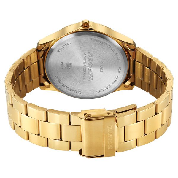 Sonata Traditional Essentials Quartz Analog Champagne Dial Golden Metal Strap Watch For Men - image number 4