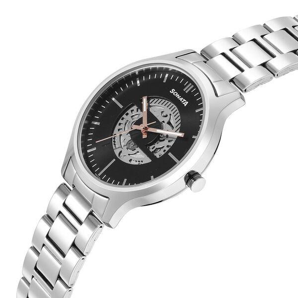 Sonata Unveil Quartz Multifunction Black Dial Stainless Steel Strap Watch for Men - image number 2
