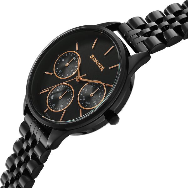 Sonata Eternia Quartz Multifunction Black Dial Metal Strap Watch For Women - image number 2