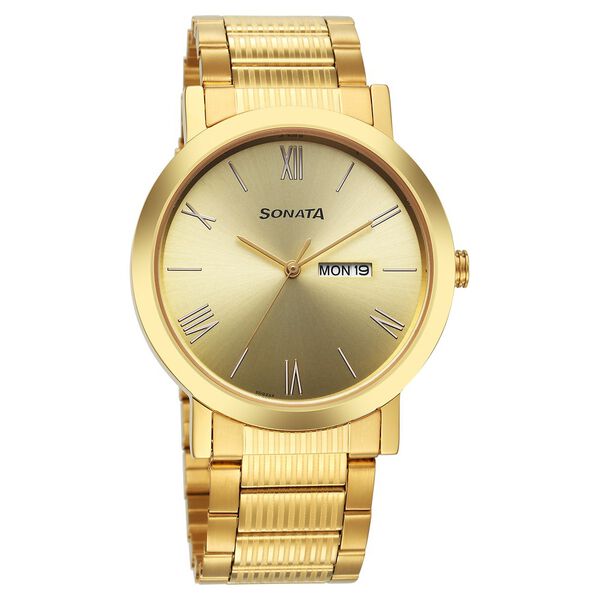 Sonata Utsav Quartz Analog with Day and Date Champagne Dial Stainless Steel Strap Watch for Men - image number 0