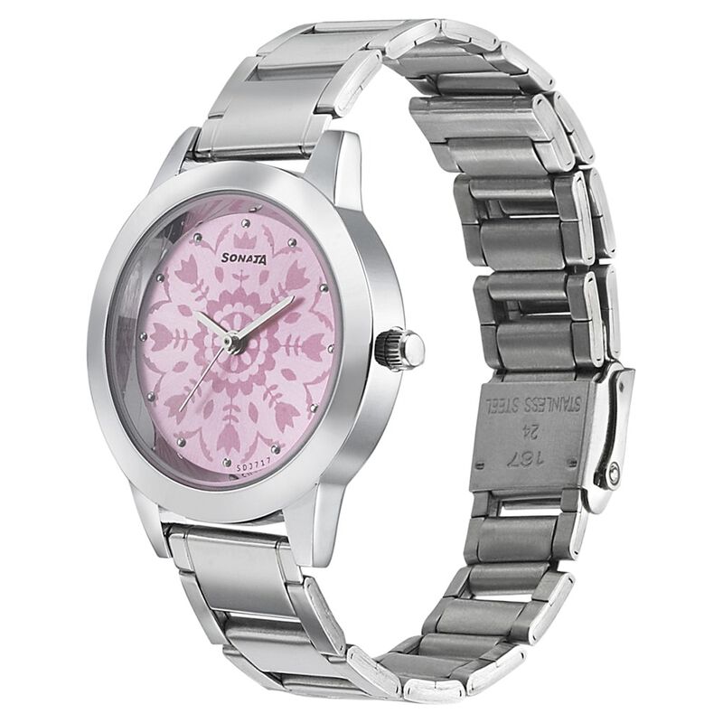 Sonata Floral Folkart Pink Dial Women Watch With Stainless Steel Strap - image number 1