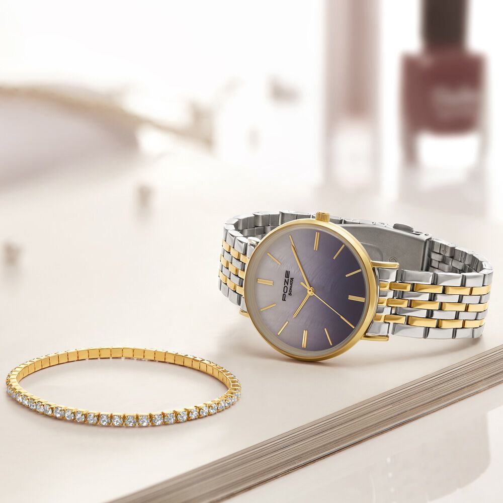 Sonata Poze Quartz Analog Blue Mother Of Pearl Dial Two Toned Color Stainless Steel Strap Watch For Women-picture-19