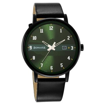 Sonata Force Quartz Analog with Date Green Dial Leather Strap Watch for Men