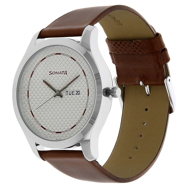 Sonata Quartz Analog with Day and Date White Dial Leather Strap Watch for Men - image number 1