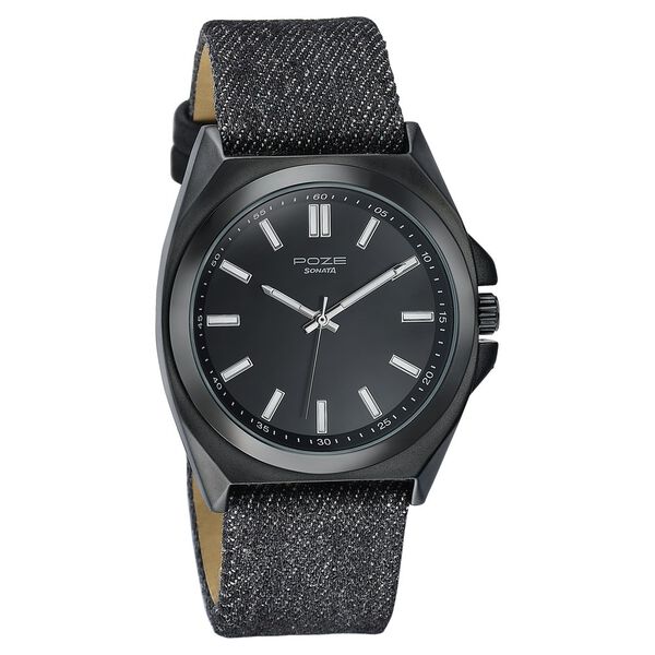 Sonata Poze Quartz Analog Black Dial Black Denim Leather Strap Watch For Men - image number 2
