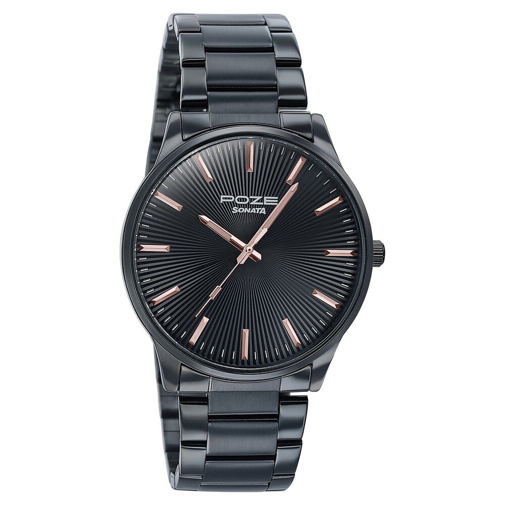 Buy Online Sonata Poze Quartz Analog Black Dial Metal Strap Watch