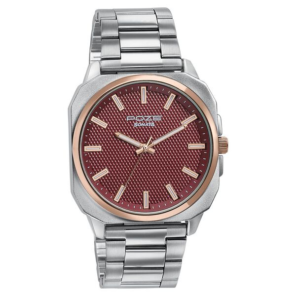 Sonata Poze Quartz Analog Red Dial Silver Metal Strap Watch For Men - image number 2