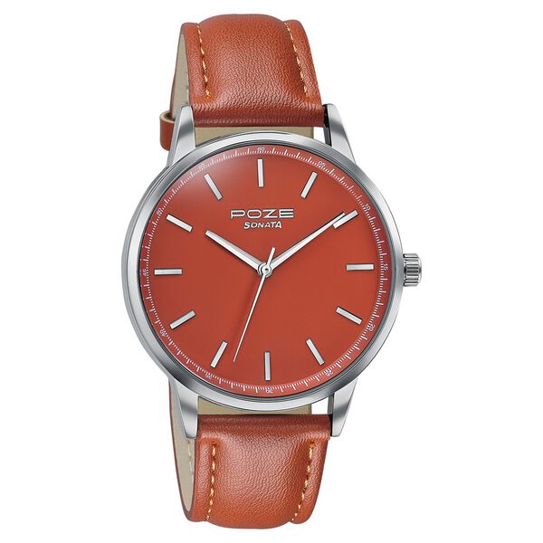 Poze By Sonata Quartz Analog Orange Dial Orange Leather Strap Watch For Men - image number 2