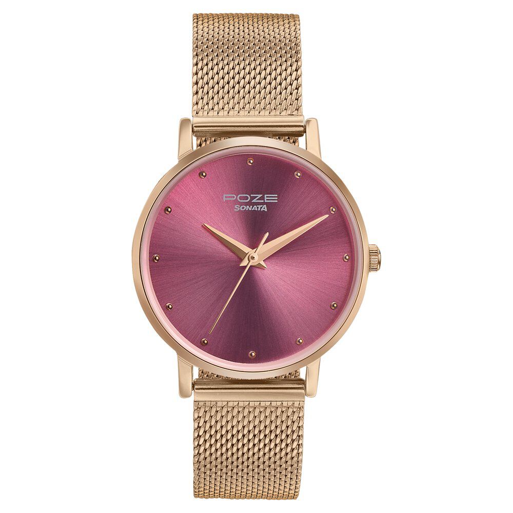 Buy Online Sonata Poze Quartz Analog Pink Dial Metal Strap Watch for Women sp80017wm03 p Sonata