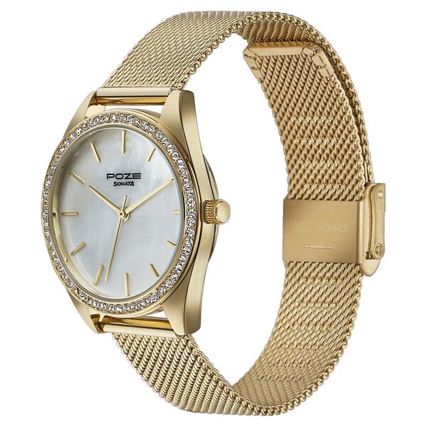 Sonata Poze Quartz Analog Mother of Pearl Dial Golden Color Stainless Steel Strap Watch For Women - image number 3